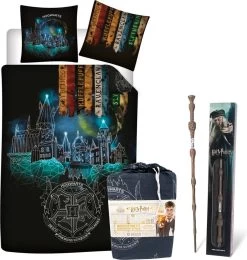 Harry Potter Dekbedovertrek- Polyester- 1persoons- 140x200- Dekbed Banners Hogwarts School, Incl. The Elder Toverstaf