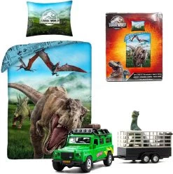 Dekbedovertrek Dino - Jurassic World - Dekbed Kinderen - 1persoons - 140x200 Cm - Incl. Speelgoed Dino Transport
