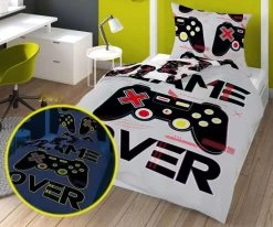1-persoons Jongens Dekbedovertrek (dekbed Hoes) “game Over” Wit Met Zwarte Controller Van Playstation / Spelcomputer / Computerspel Gamer Glow-in-the-dark Eenpersoons KATOEN 140 X 200 Cm (cadeau Idee Voor Kinderen!) -Beddengoed winkel 1200x1000 1