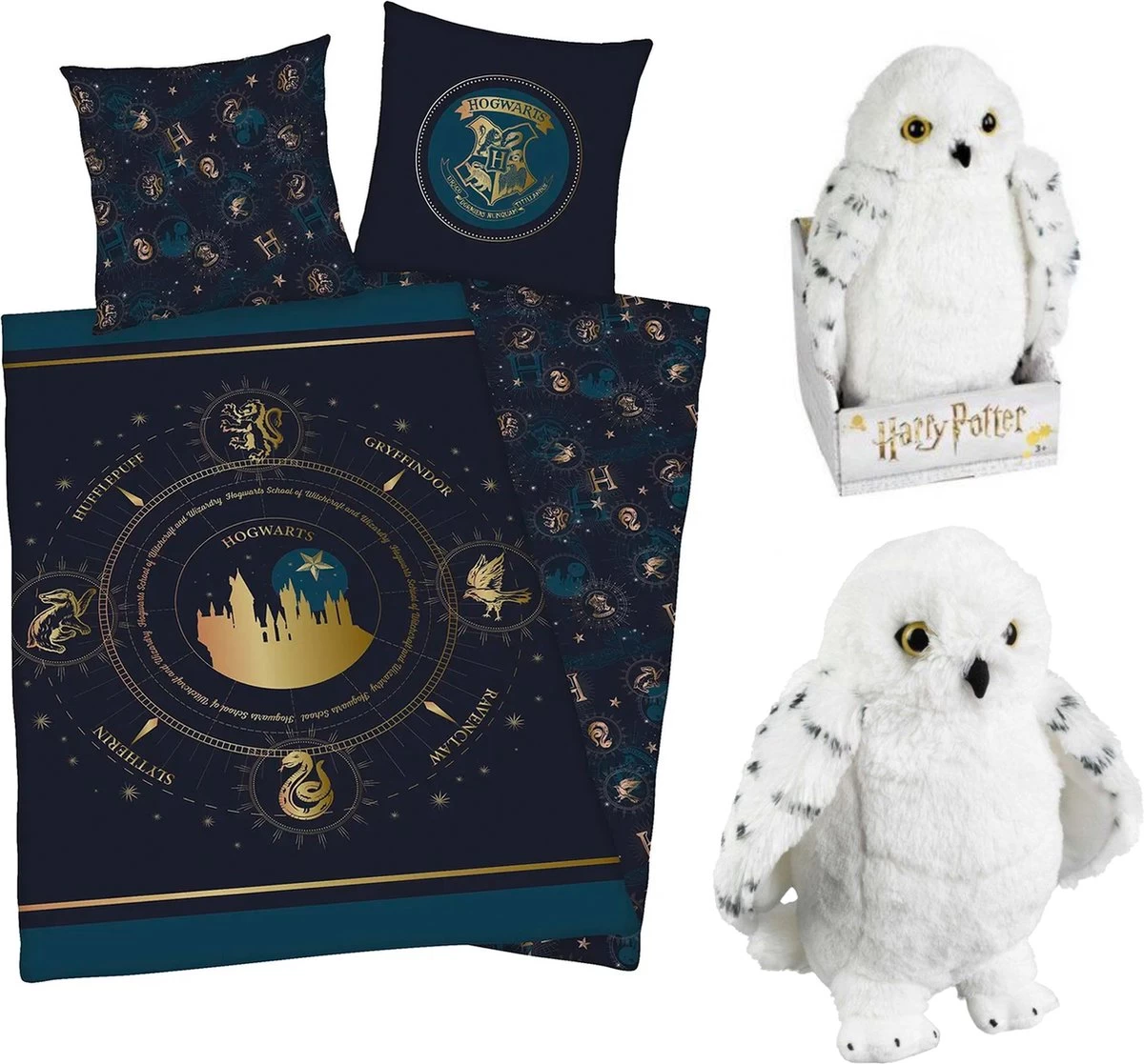 Herding Harry Potter Hogwarts - Dekbedovertrek - 140/200 Cm - Golden Logo - Katoen - Dubbelzijdig - Met Pluche Hedwig Uil Knuffel 28 Cm 1 Herding Harry Potter Hogwarts - Dekbedovertrek - 140/200 Cm - Golden Logo - Katoen - Dubbelzijdig - Met Pluche Hedwig Uil Knuffel 28 Cm
