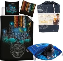 Harry Potter Dekbedovertrek- Polyester- 1persoons- 140x200- Dekbed Banners Hogwarts School, Incl. Zweinstein School Ravenclaw Sierkussen