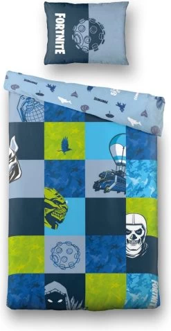 Fortnite Dekbedovertrek Blue Patchwork - 140x200 - 100% Katoen - Blauw - Sinterklaas Cadeautje - Kerst Cadeau