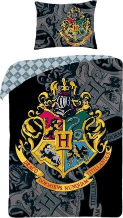 Harry Potter Dekbedovertrek- Katoen- 1persoons- 140x200- Dekbed Hogwarts Logo -Zwart