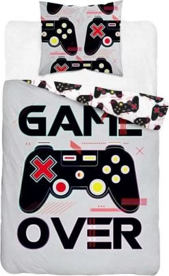 1-persoons Jongens Dekbedovertrek (dekbed Hoes) “game Over” Wit Met Zwarte Controller Van Playstation / Spelcomputer / Computerspel Gamer Glow-in-the-dark Eenpersoons KATOEN 140 X 200 Cm (cadeau Idee Voor Kinderen!)