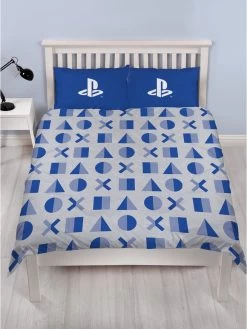 2-persoons Jongens Dekbedovertrek (dekbed Hoes) Grijs (lichtgrijs) / Blauw Met Officieel Playstation Logo (spelcomputer / Computerspel / Gamer) En Controller Knoppen Tweepersoons 200 X 200 Cm (cadeau Idee Voor Kinderen)